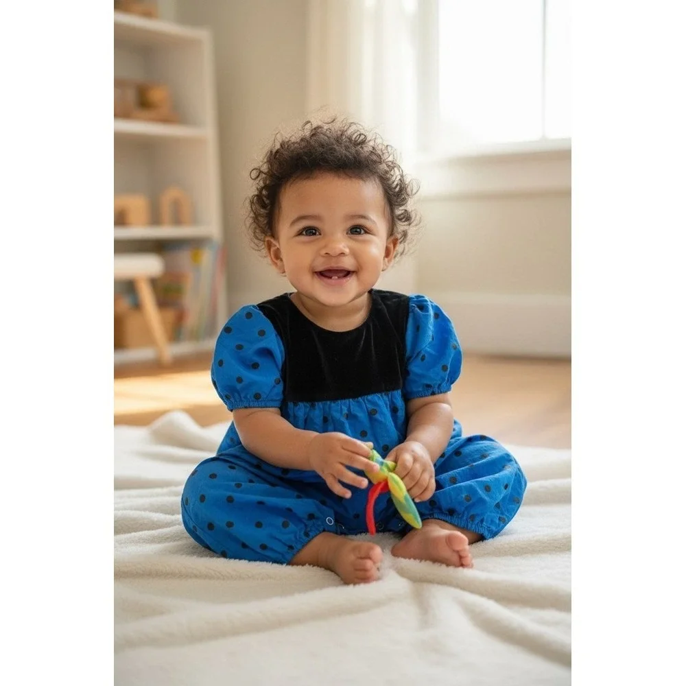 Vintage Girl Romper Blue Black Polka Dot Puff Sleeve Snap Crotch 9-12M one piece